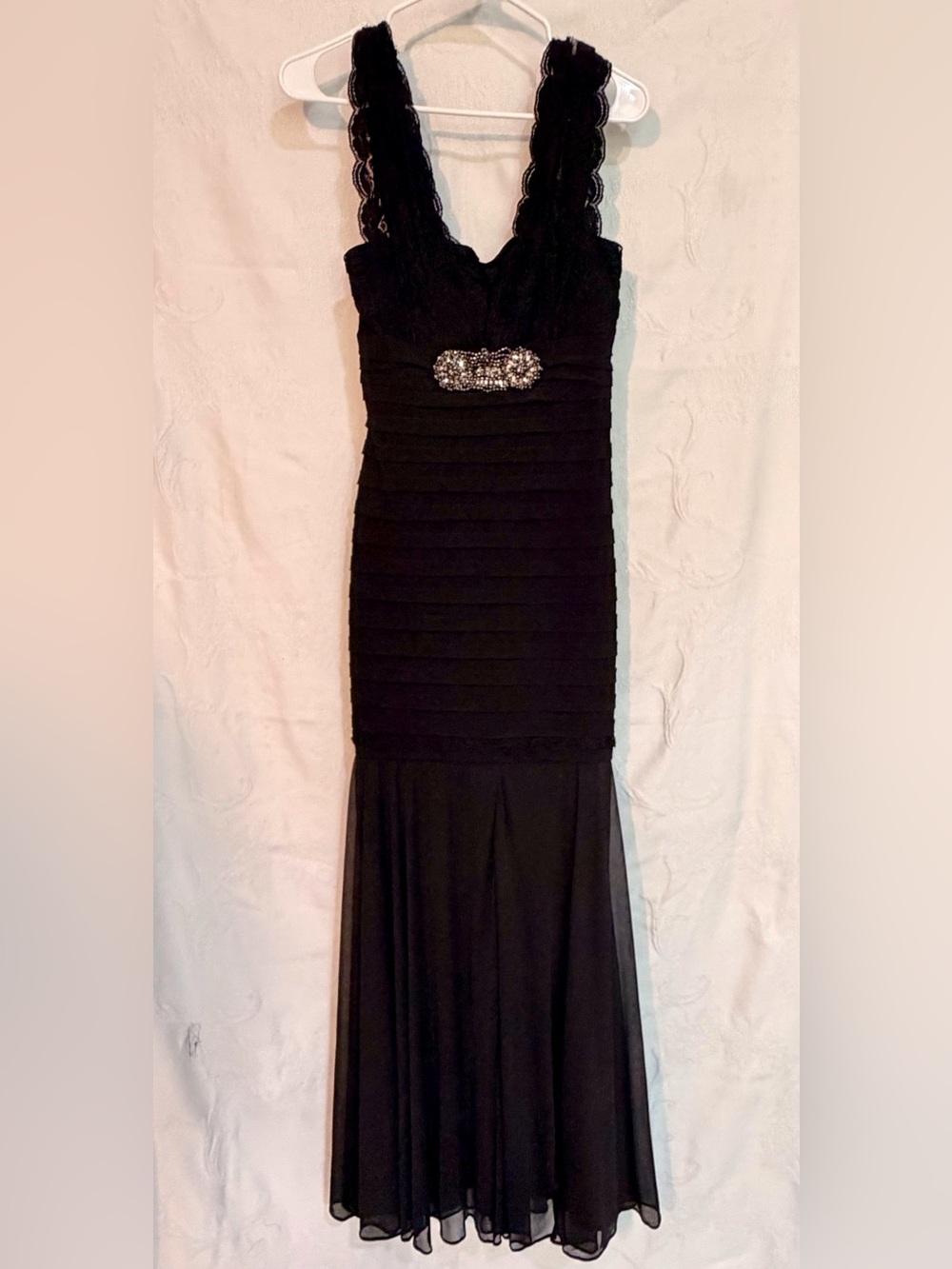 Betsy & Adam Black Lace Bodice Formal Dress with Beaded Waist D0053